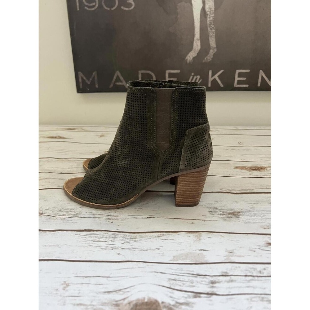 TOMS Majorca Peep Toe Bootie Olive Green Perforated Suede 9.5